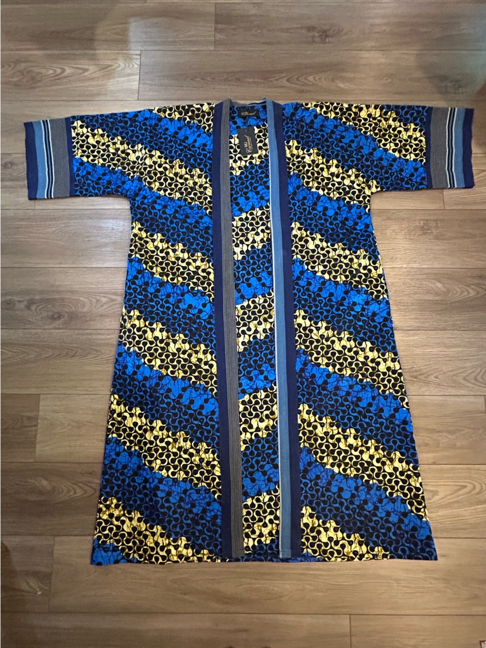 MJ Caramel African Print Kimono Robe Blue Gold Black Duster NWT